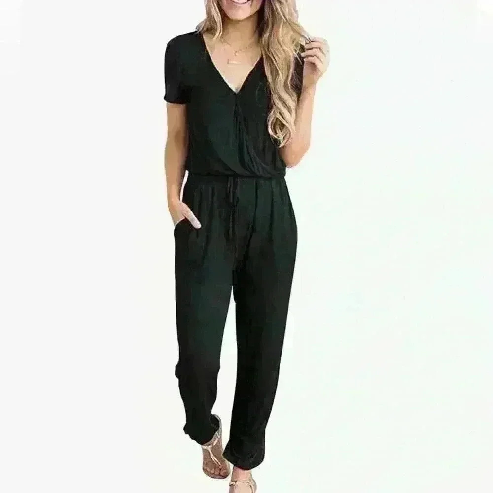 Women's Casual Deep V-Neck Short Sleeve Wrap Drawstring Waist Jumpsuit Romper